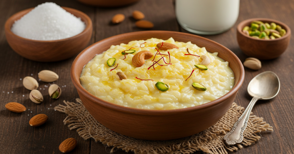 Sweet rice recipe with saffron, almonds, and pistachios in a bowl on a wooden table.