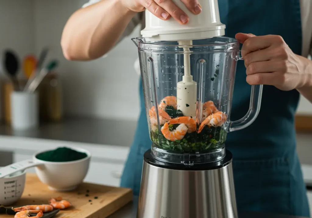 Person using a blender to prepare homemade fish food with shrimp, vegetables, and spirulina flakes.