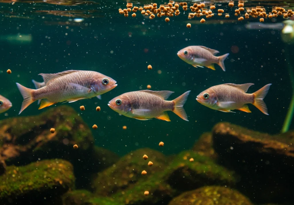 Fish in a vibrant aquarium eating homemade fish food, showing healthy and active behavior.