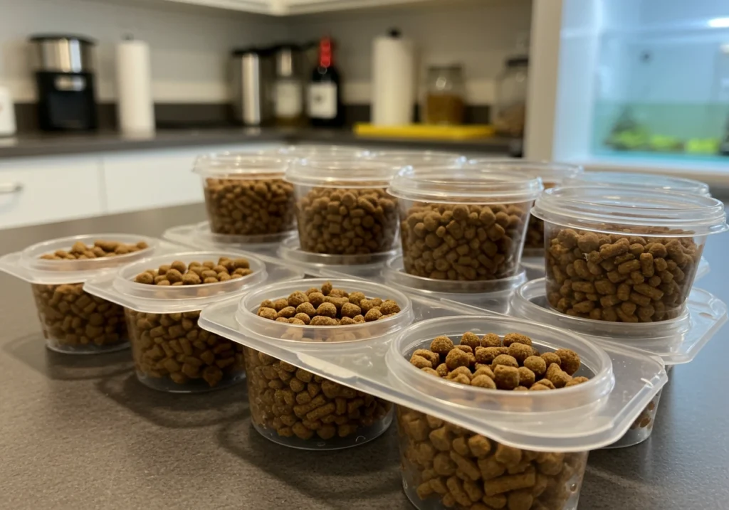 Homemade fish food portioned in airtight containers, ready for freezing or refrigerating.