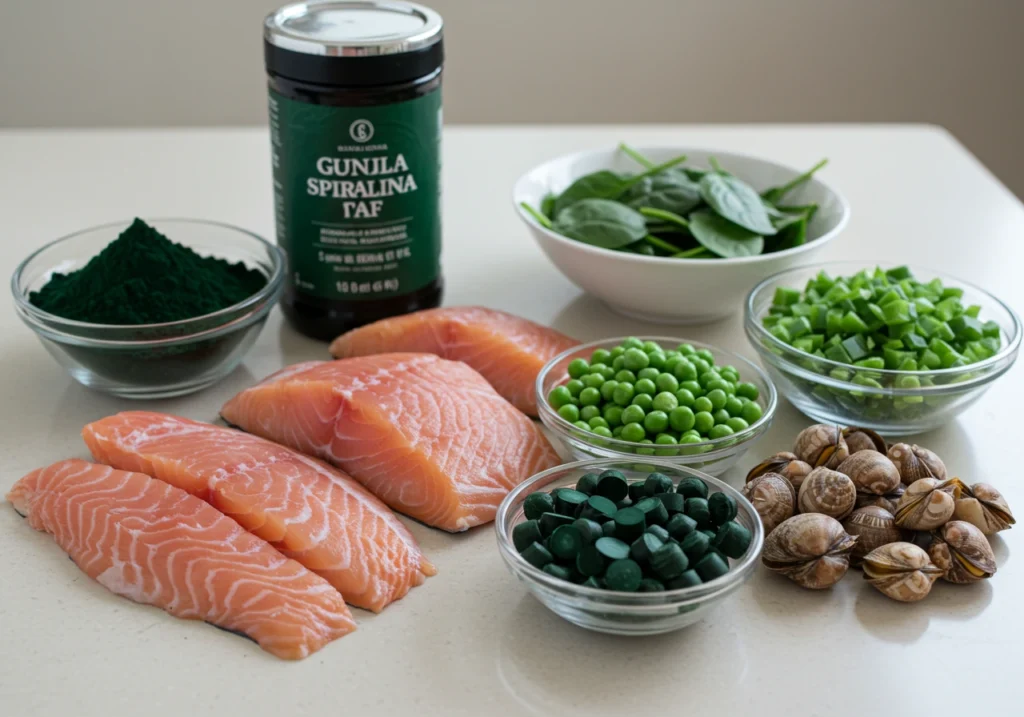 Fresh ingredients for an easy fish food recipe, including fish fillets, spirulina, and vegetables.