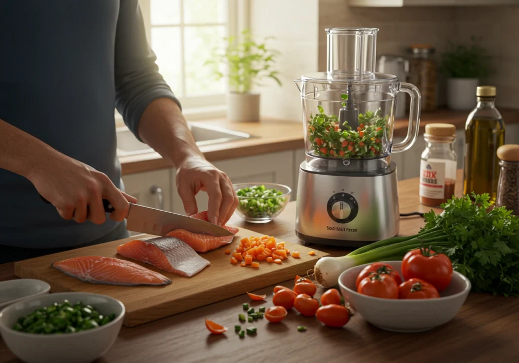 Blending fish fillets, vegetables, and spirulina in a food processor for a homemade fish food recipe easy to prepare.