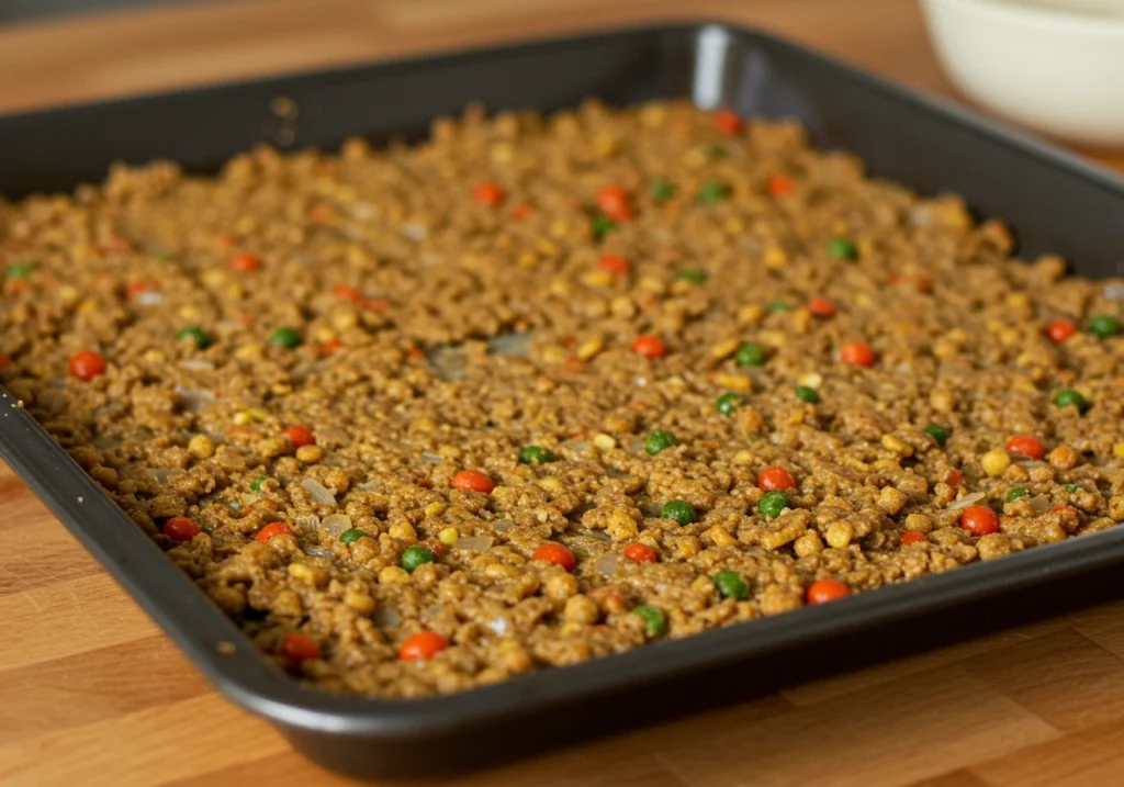 Homemade fish food mix spread on a baking sheet, ready to be baked or dried.