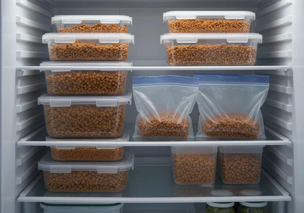 Homemade fish food pellets stored in airtight containers for long-term freshness.