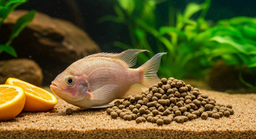 Fish eating homemade fish food pellets in an aquarium with fresh orange slices nearby.