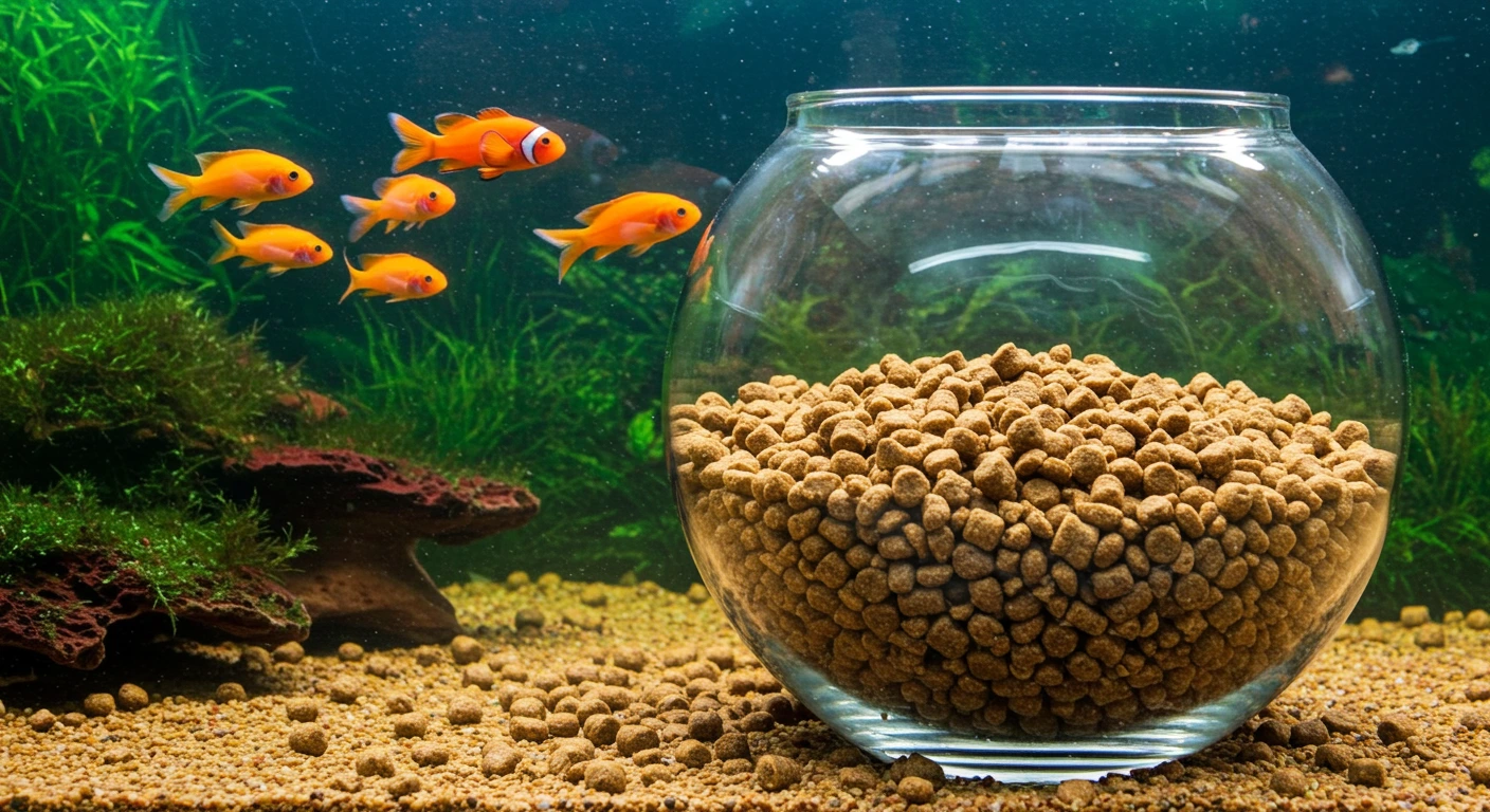 Vibrant aquarium with colorful fish and homemade fish food pellets at home in a glass bowl.