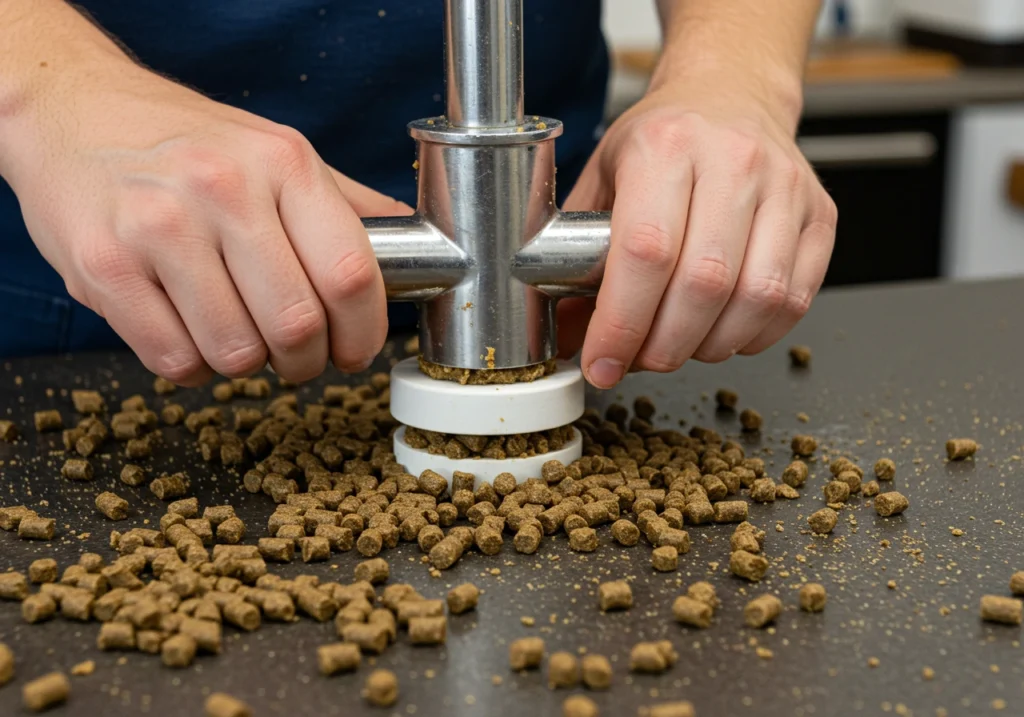 Close-up of hands shaping fish food pellets at home using a fish food extruder.