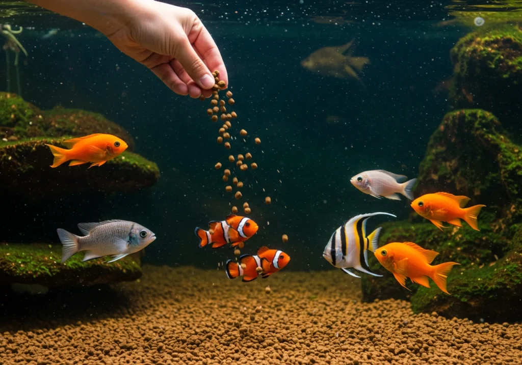 Feeding homemade fish food pellets at home to colorful aquarium fish.