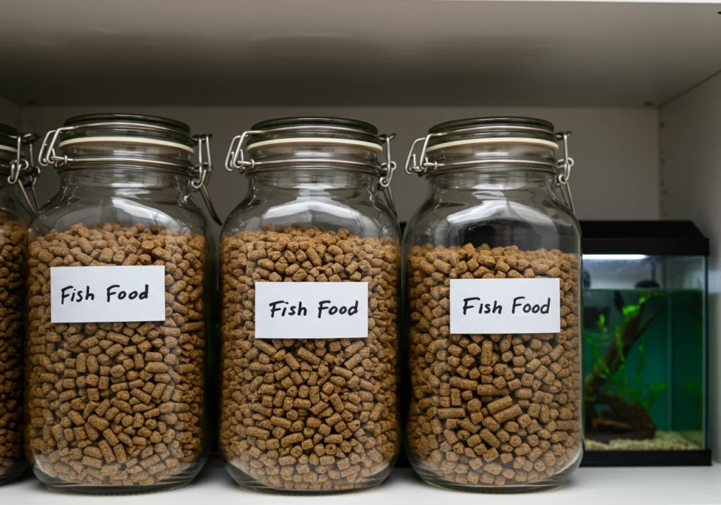 Airtight glass jars storing homemade fish food pellets at home, labeled and organized.