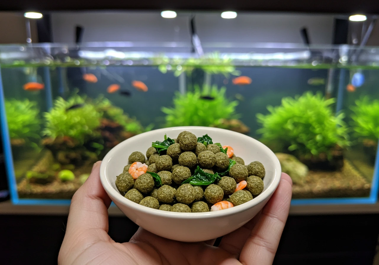 A vibrant aquarium with colorful fish eating homemade fish food made from natural ingredients like shrimp and vegetables.