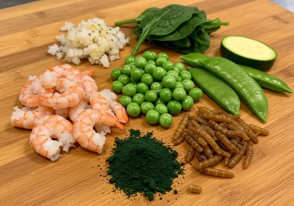 A variety of natural ingredients, including shrimp, spinach, peas, and spirulina, used to make a homemade fish food recipe for aquariums.