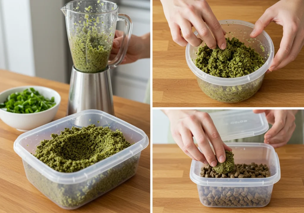 A step-by-step process of making homemade fish food, blending fresh ingredients into small pellets for aquarium fish.