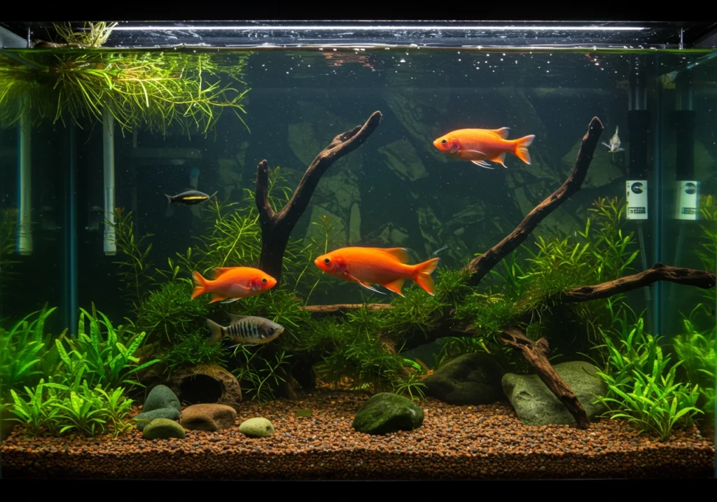 A clean and vibrant aquarium with happy fish swimming actively, benefiting from a natural fish food recipe for aquariums.