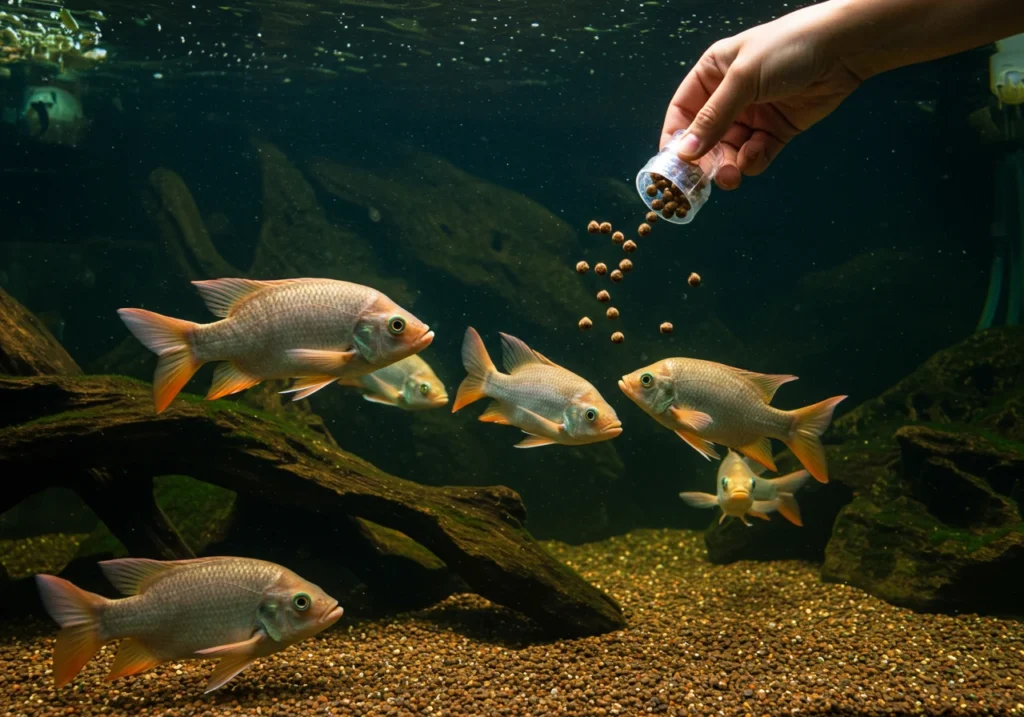 A person feeding aquarium fish with homemade fish food pellets, ensuring a nutritious and balanced diet.