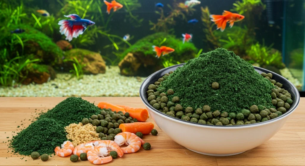 Best Fish Food Recipe - Fresh homemade fish food with natural ingredients like shrimp meal, spirulina, and vegetables in a kitchen setting.