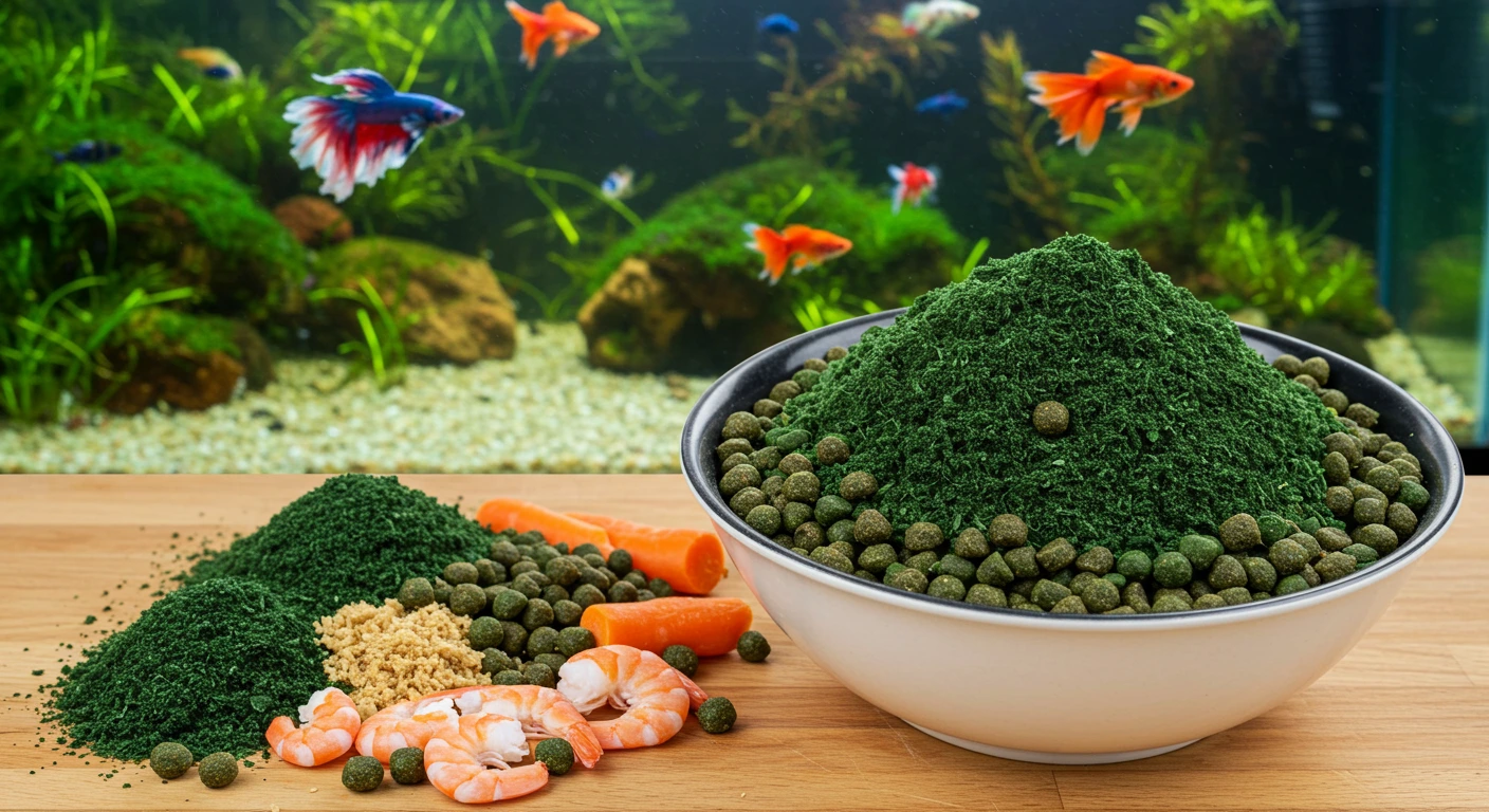 Best Fish Food Recipe - Fresh homemade fish food with natural ingredients like shrimp meal, spirulina, and vegetables in a kitchen setting.