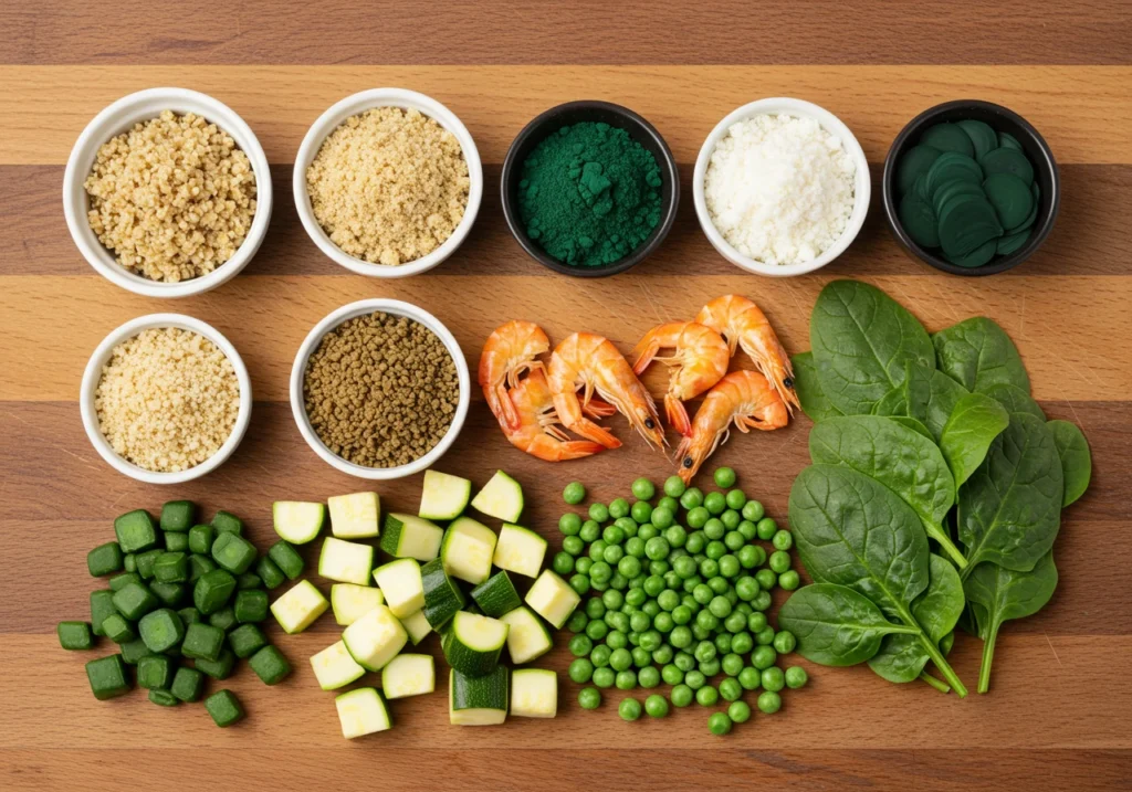 Key ingredients for the best fish food recipe, including fish meal, spirulina, shrimp meal, zucchini, spinach, and peas.