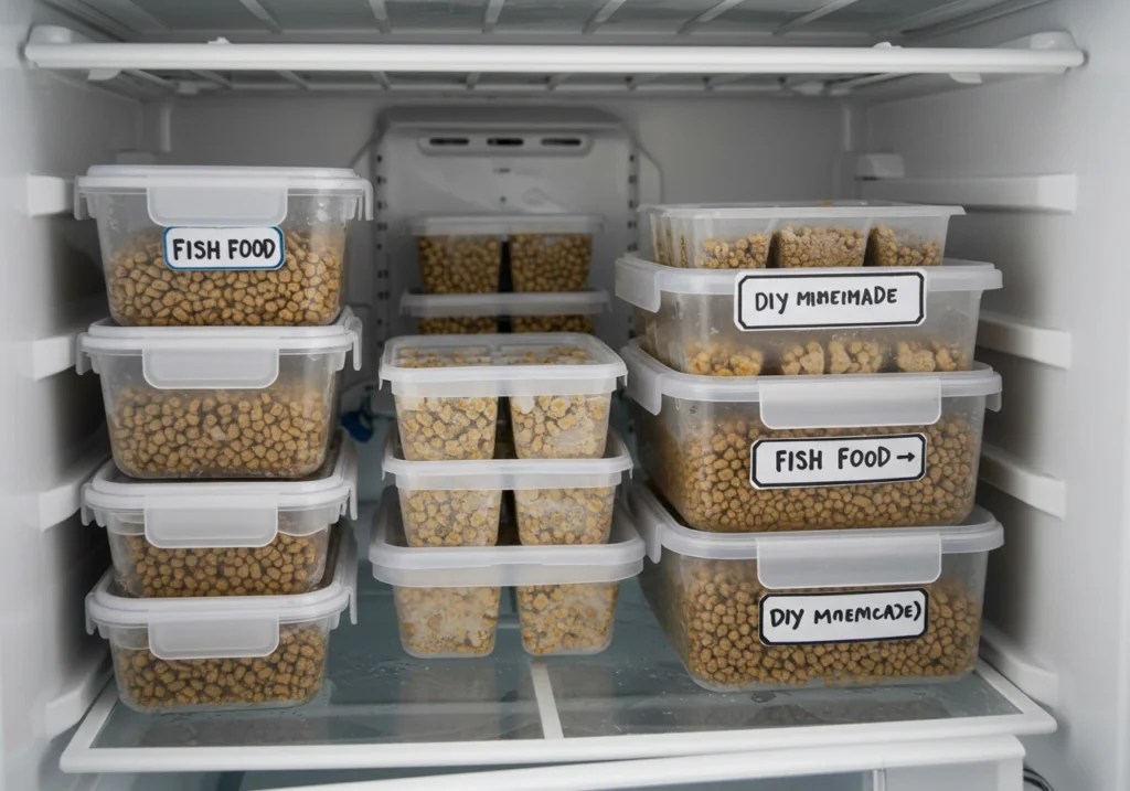 Homemade fish food stored in ice cube trays and airtight containers, ensuring freshness for the best fish food recipe.