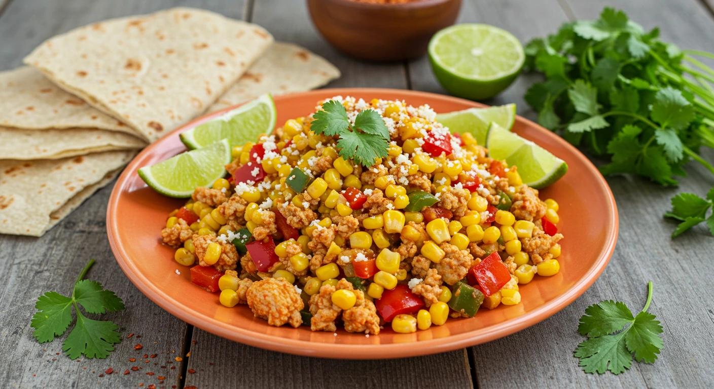 Ground Chicken Mexican Corn Recipe served with tortillas, cilantro, lime, and Cotija cheese on a rustic wooden table.