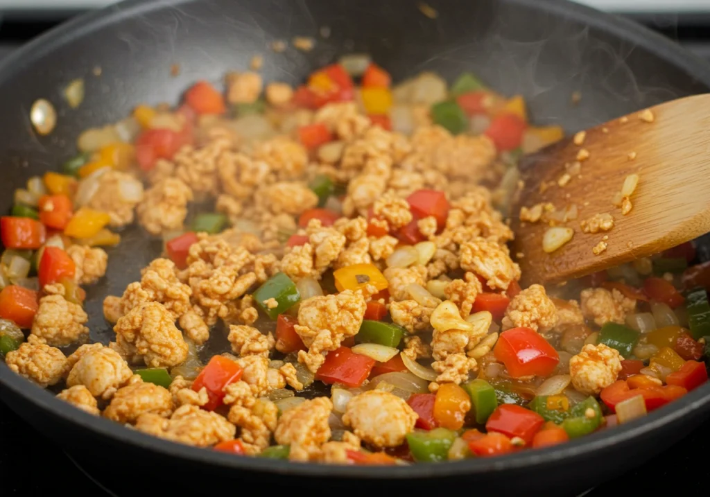 Ground Chicken sautéing in a skillet with colorful bell peppers, onions, and Tex-Mex spices for Ground Chicken Mexican Corn Recipe.