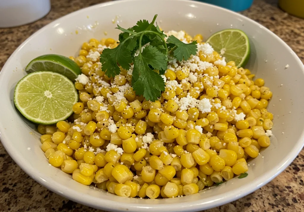 Fresh Mexican corn with cilantro, lime, and Cotija cheese in a bowl – part of the Ground Chicken Mexican Corn Recipe.