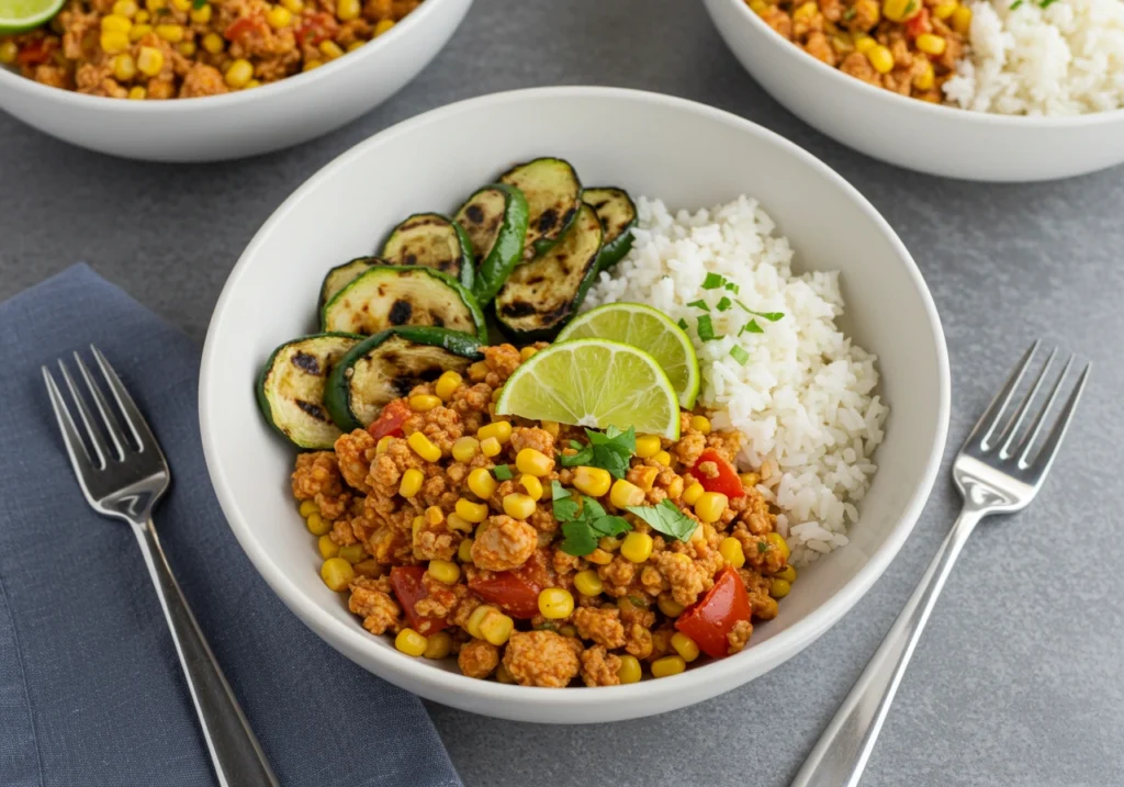 Ground Chicken Mexican Corn Recipe served with Mexican rice, grilled vegetables, and a side of fresh cilantro.