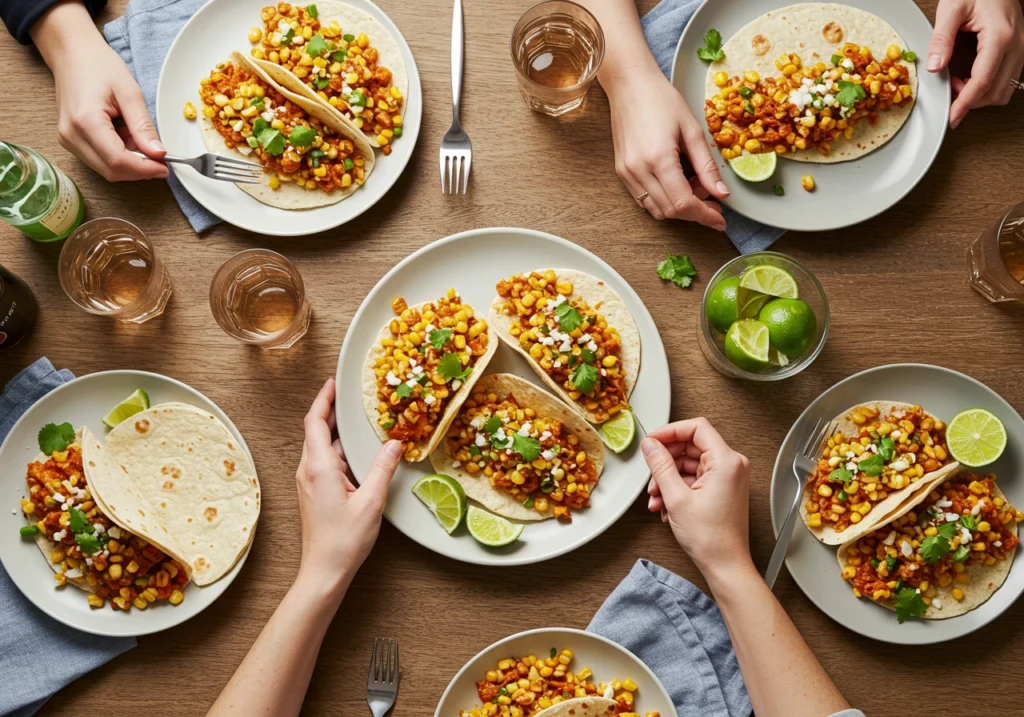 Family enjoying Ground Chicken Mexican Corn Recipe served with tortillas and toppings at a dinner table.