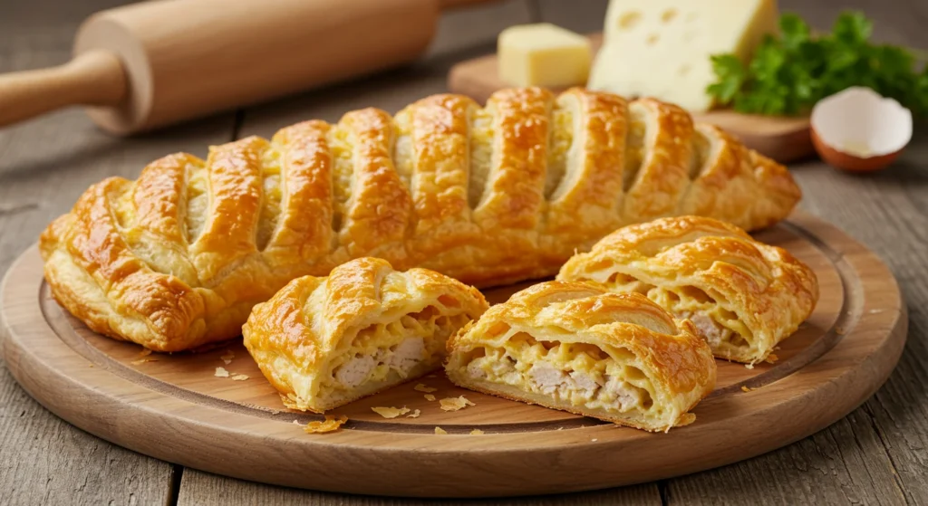 Golden, flaky chicken and cheese jalousie recipe served on a wooden board with melted cheese and crispy pastry layers.