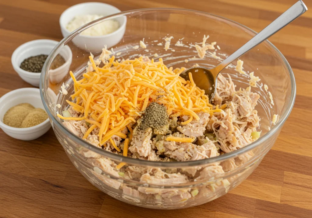 Shredded chicken, grated cheese, and seasonings being mixed to prepare the filling for a chicken and cheese jalousie recipe.