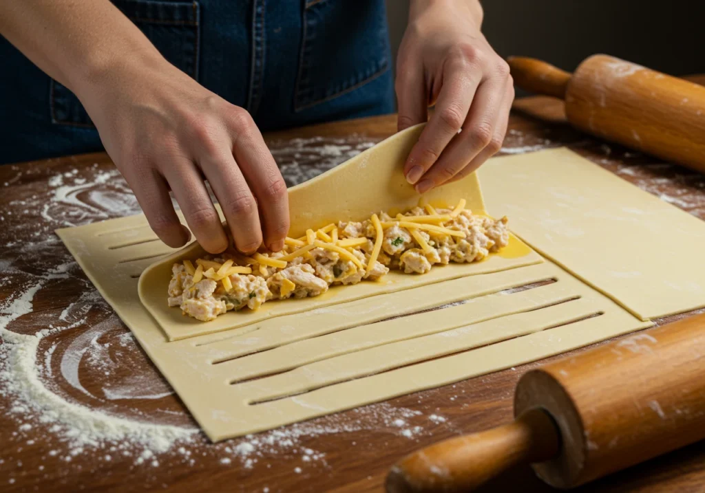 A puff pastry sheet being filled with a chicken and cheese mixture, with slatted cuts on top, ready to bake for a chicken and cheese jalousie recipe.