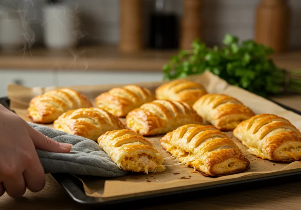 A tray of freshly baked chicken and cheese jalousie recipe pastries, golden brown and flaky, just out of the oven.