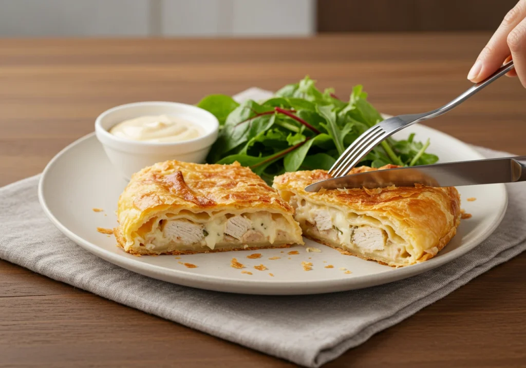 Sliced chicken and cheese jalousie recipe served with salad and dipping sauce, showing flaky layers and melted cheese.