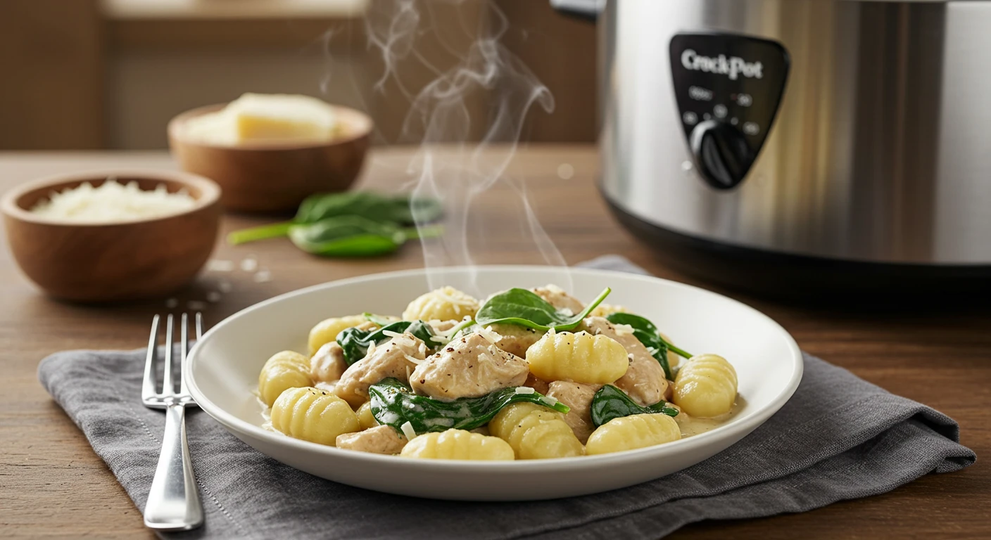 Delicious diabetic crockpot recipes gnocchi and chicken served in a bowl with fresh spinach and Parmesan cheese. A slow cooker is visible in the background.