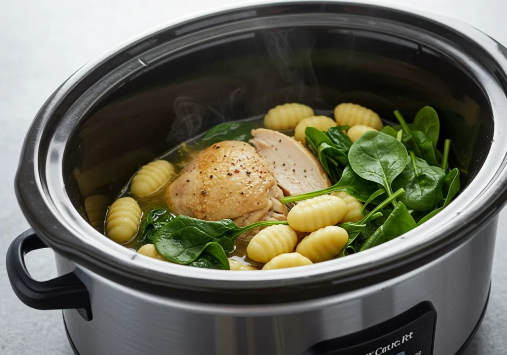 Slow cooker filled with chicken, low-carb gnocchi, fresh spinach, and low-sodium broth for a diabetic-friendly meal.