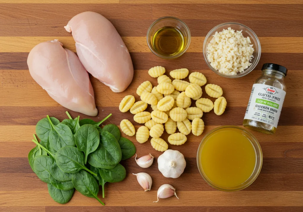 Fresh ingredients for diabetic crockpot recipes: chicken breast, gluten-free gnocchi, spinach, garlic, and low-sodium broth.