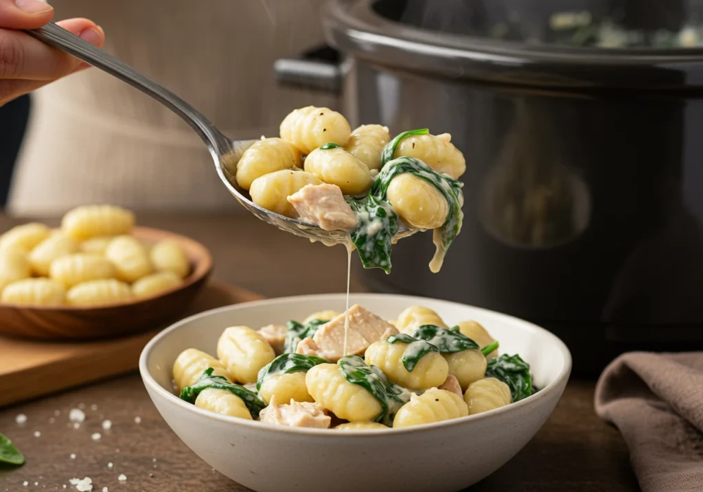 A spoon serving creamy diabetic-friendly crockpot gnocchi and chicken from the slow cooker into a bowl.