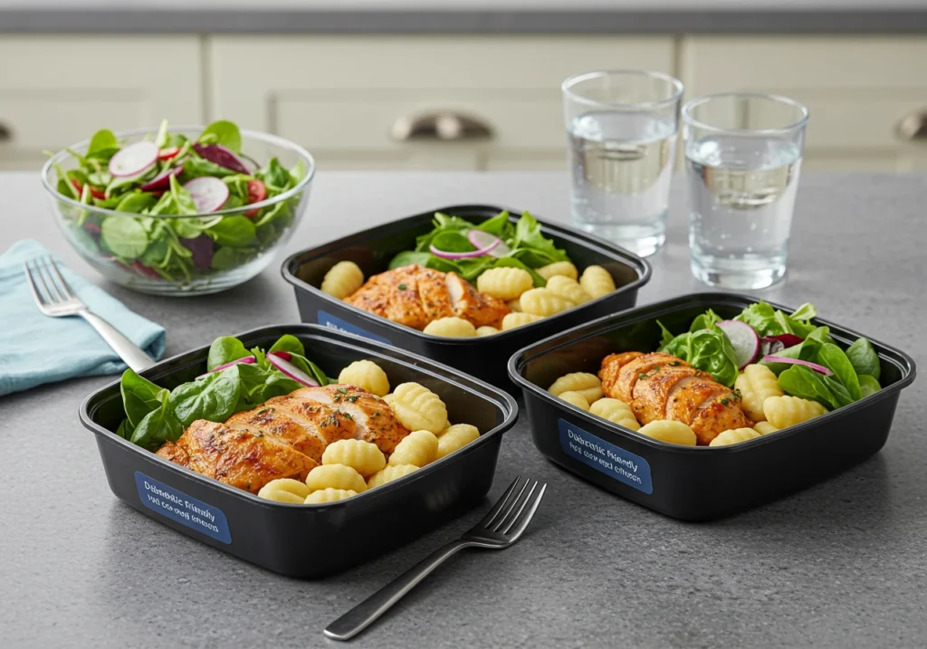 Diabetic-friendly crockpot gnocchi and chicken stored in meal prep containers for easy portion control.