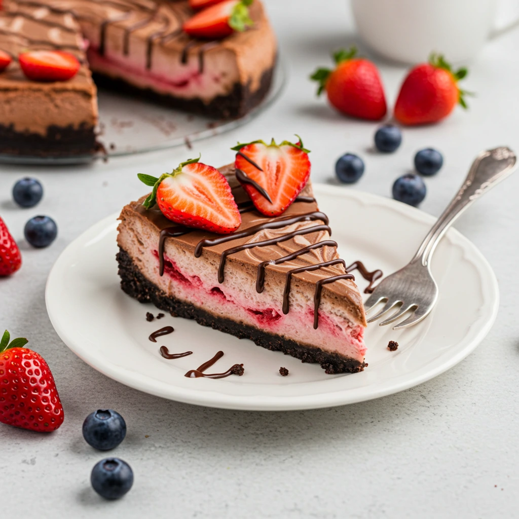 Fork cutting into a slice of Chocolate Strawberry Swirl Cheesecake