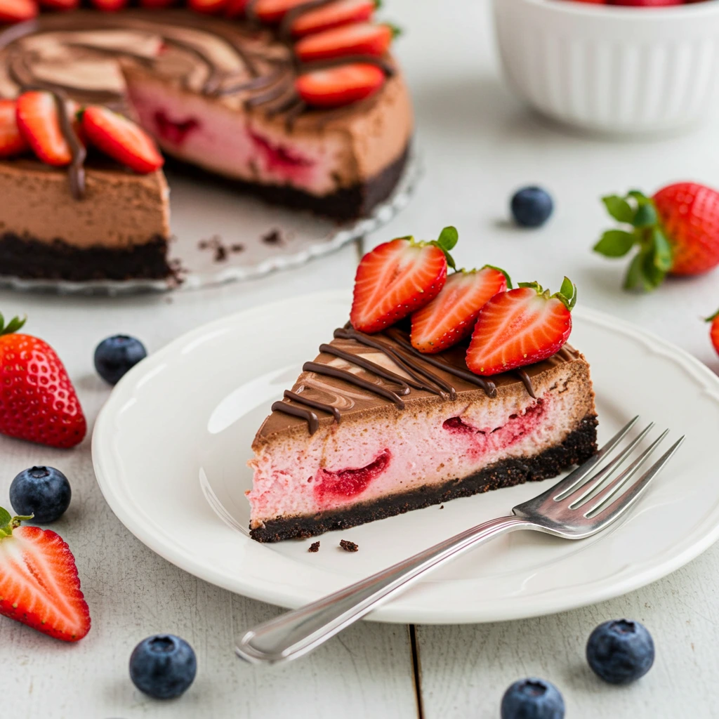 Close-up of strawberry swirl in a chocolate cheesecake