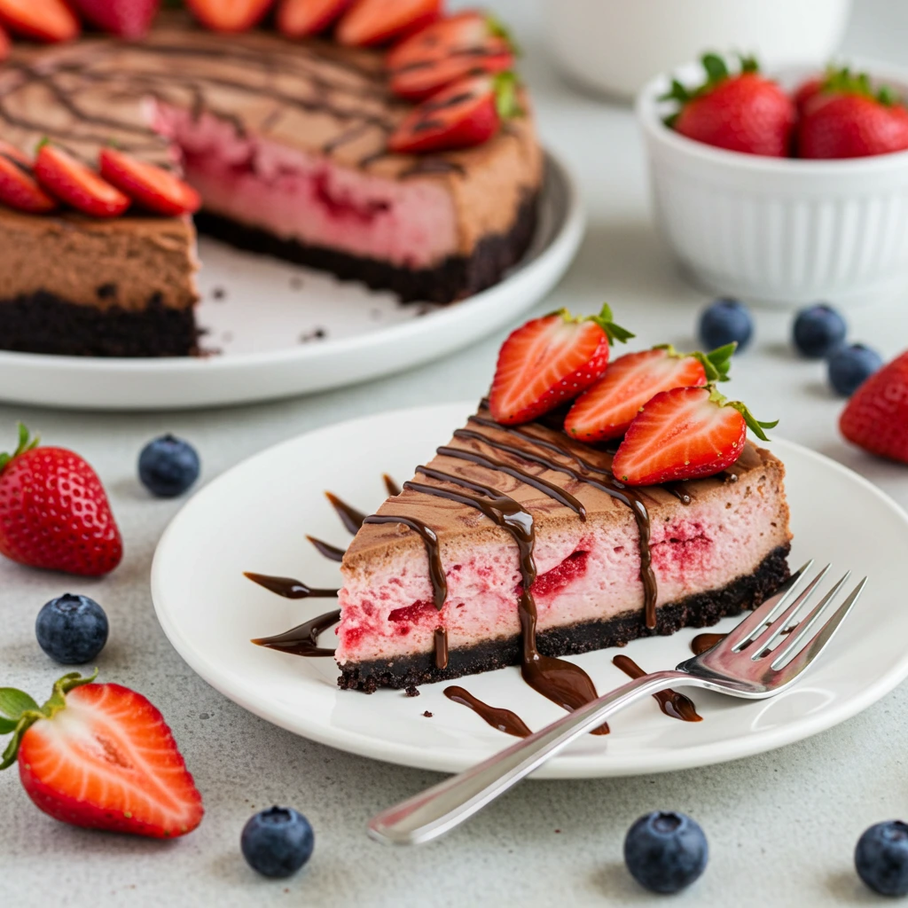 Slice of Chocolate Strawberry Swirl Cheesecake on a white plate with fresh strawberries