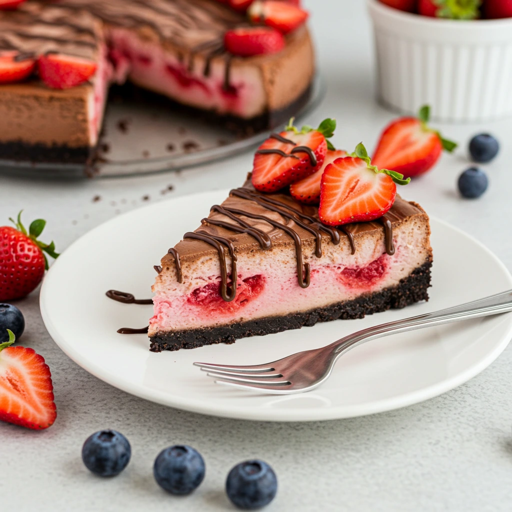 Whole Chocolate Strawberry Swirl Cheesecake with strawberry swirls on top