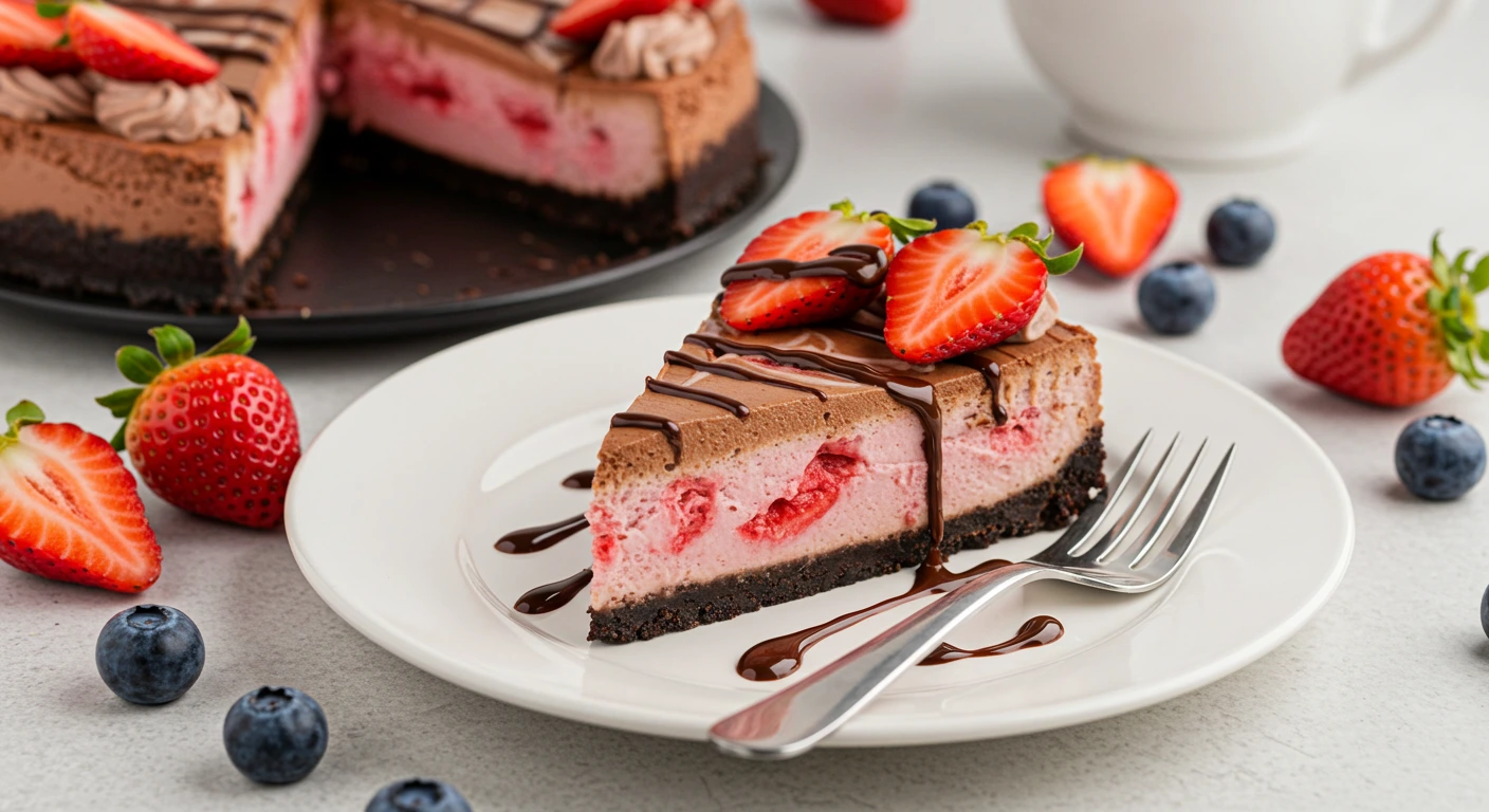 Chocolate Strawberry Swirl Cheesecake with fresh strawberries and chocolate drizzle