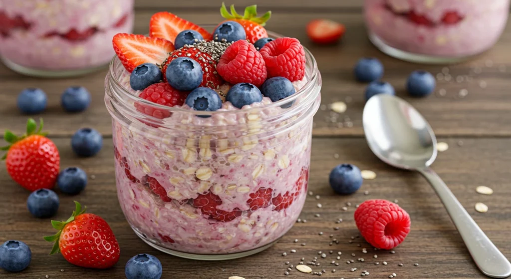 Berry Blast Overnight Oats served in a glass jar topped with fresh berries and chia seeds.