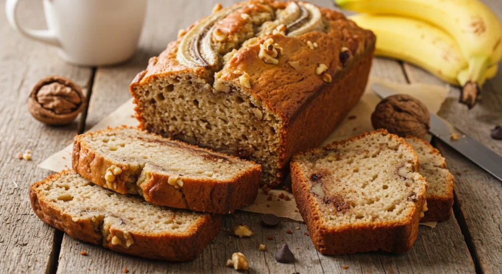 Moist homemade banana bread recipe loaf with golden-brown crust, sliced to reveal a soft, fluffy texture, garnished with walnuts and chocolate chips on a rustic wooden table.