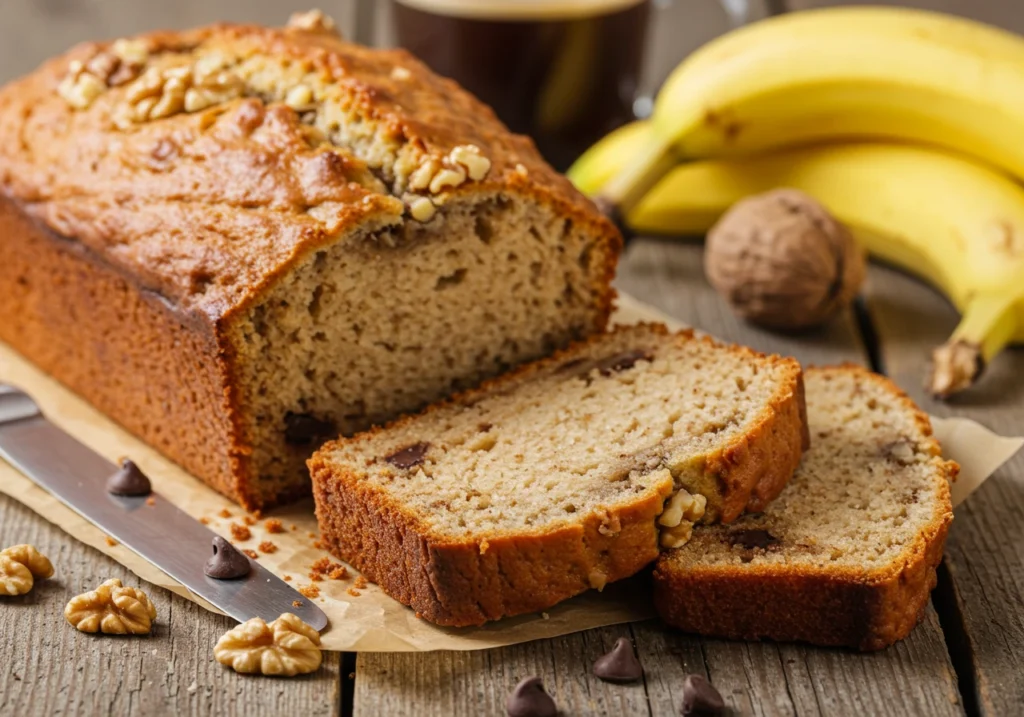 Moist banana bread loaf with visible walnuts and chocolate chips, surrounded by ripe bananas and baking ingredients.