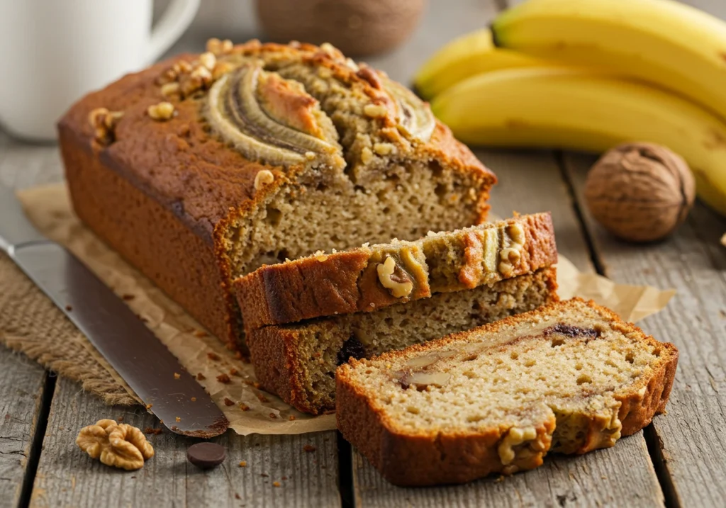 Homemade banana bread loaf with golden crust and soft slices, topped with walnuts and chocolate chips.