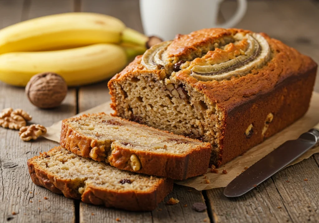 Freshly baked banana bread with soft slices, ripe bananas, and a cup of coffee on a wooden table.