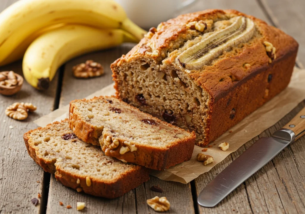 Freshly baked banana bread recipe loaf with soft slices, topped with walnuts and chocolate chips, served on a rustic wooden table.