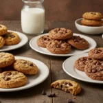 Four plates of cookies showcasing Classic, Healthy, Gluten-Free, and Vegan Chocolate Chip Cookie Recipe on a rustic wooden table with a glass of milk and chocolate chips.