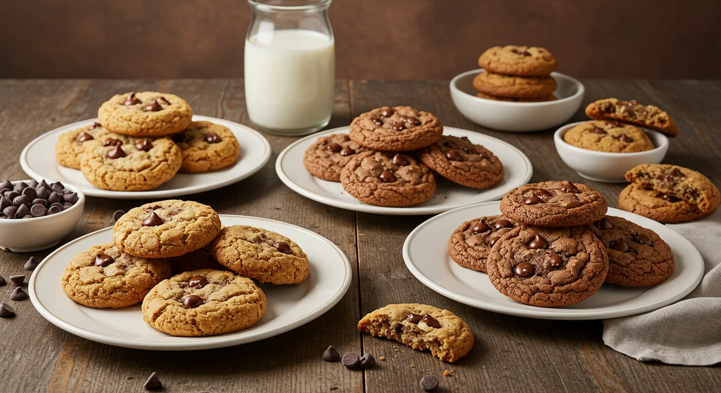 Four plates of cookies showcasing Classic, Healthy, Gluten-Free, and Vegan Chocolate Chip Cookie Recipe on a rustic wooden table with a glass of milk and chocolate chips.